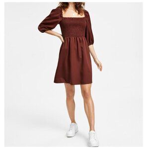 Bar III Womens Smocked Off The Shoulder Dress Puff Sleeves Medium Brown